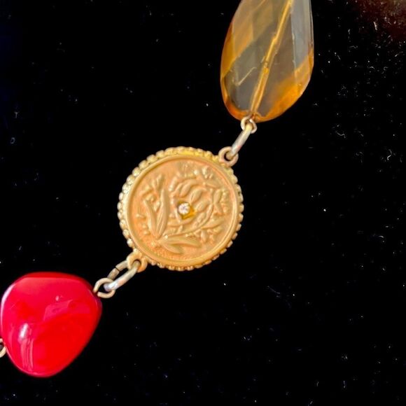 Red and Brown Gem and Gold Tone Coin Choker Necklace - Picture 3 of 4
